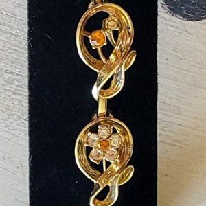 Gold Tone Bracelet Abstract with Flower Rhinestones